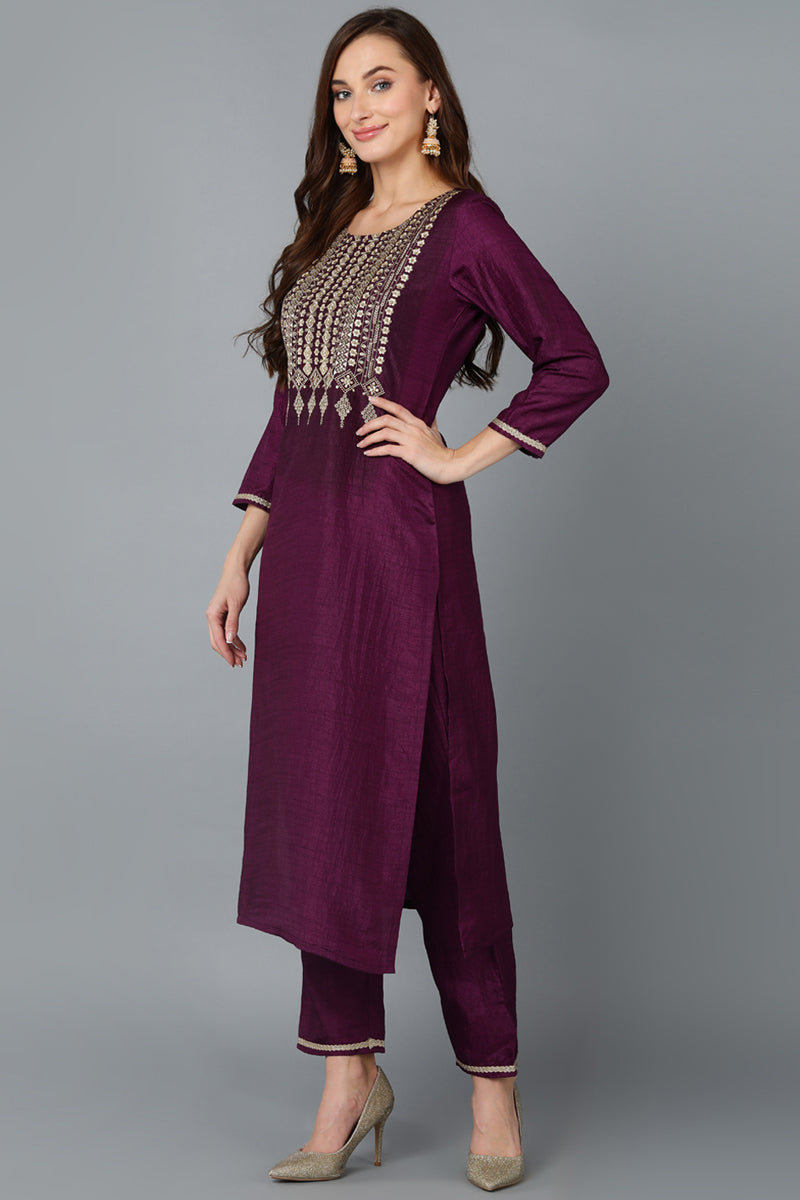 Purple Silk Blend Yoke Design Kurta Pant With Dupatta PKSKD1870