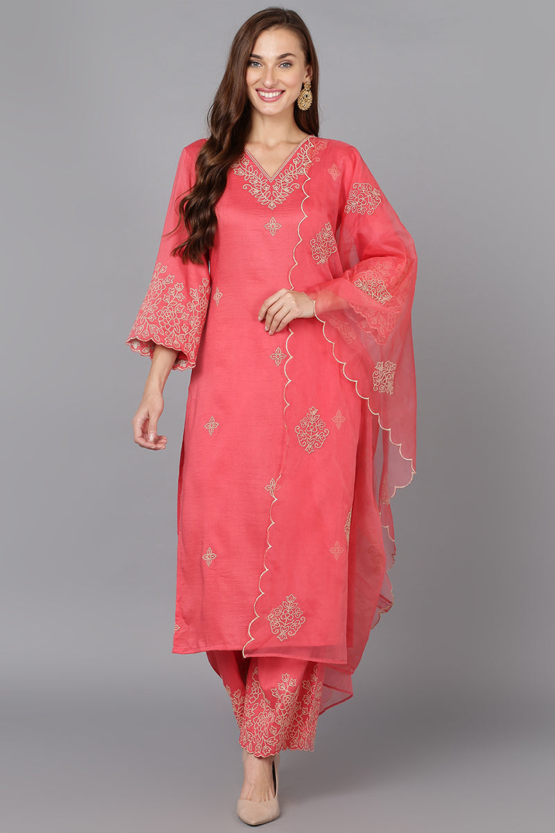 Pink Silk Blend Straight Kurta Palazzo With Dupatta PKSKD1872