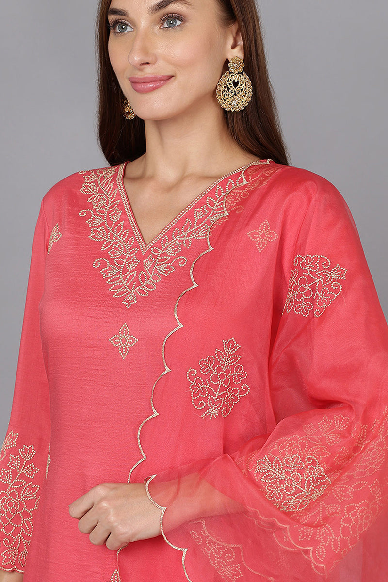 Pink Silk Blend Straight Kurta Palazzo With Dupatta PKSKD1872