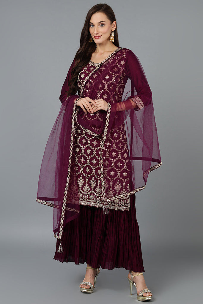 Silk Blend Purple Embroidered Straight Kurta Sharara With Dupatta PKSKD1873