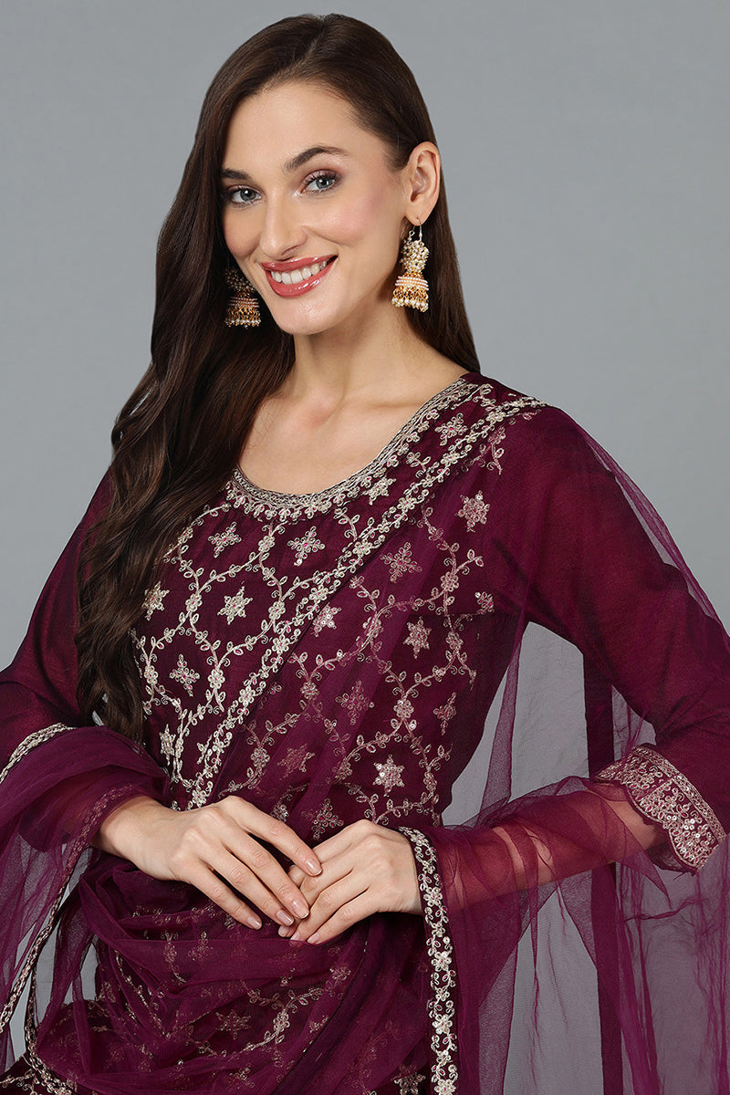 Silk Blend Purple Embroidered Straight Kurta Sharara With Dupatta PKSKD1873