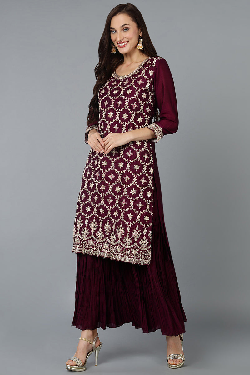 Silk Blend Purple Embroidered Straight Kurta Sharara With Dupatta PKSKD1873