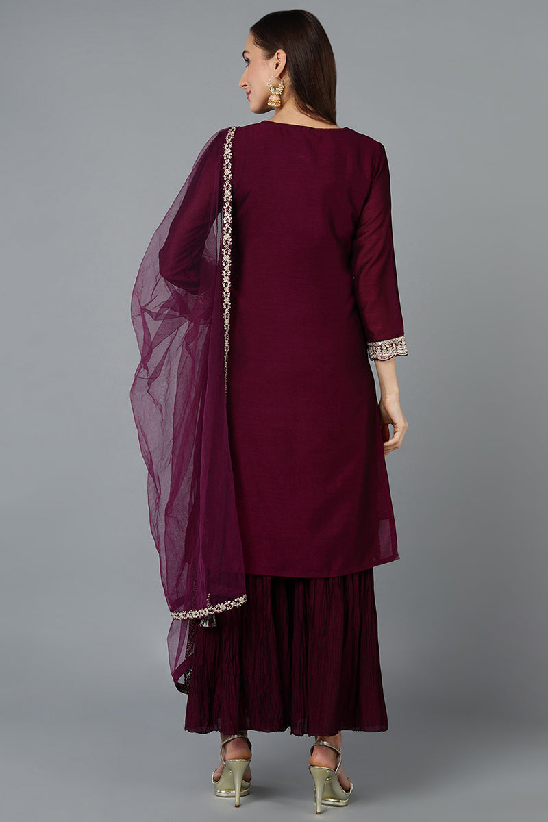 Silk Blend Purple Embroidered Straight Kurta Sharara With Dupatta PKSKD1873