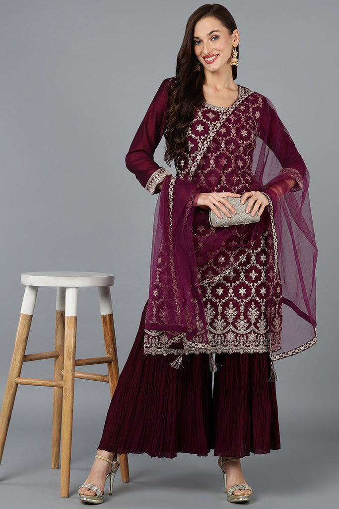 Silk Blend Purple Embroidered Straight Kurta Sharara With Dupatta PKSKD1873