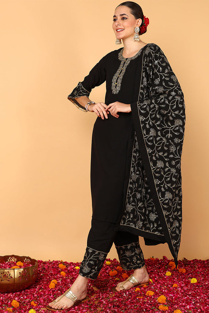 Black Poly Georgette Solid Embroidered Straight Suit Set PKSKD1875