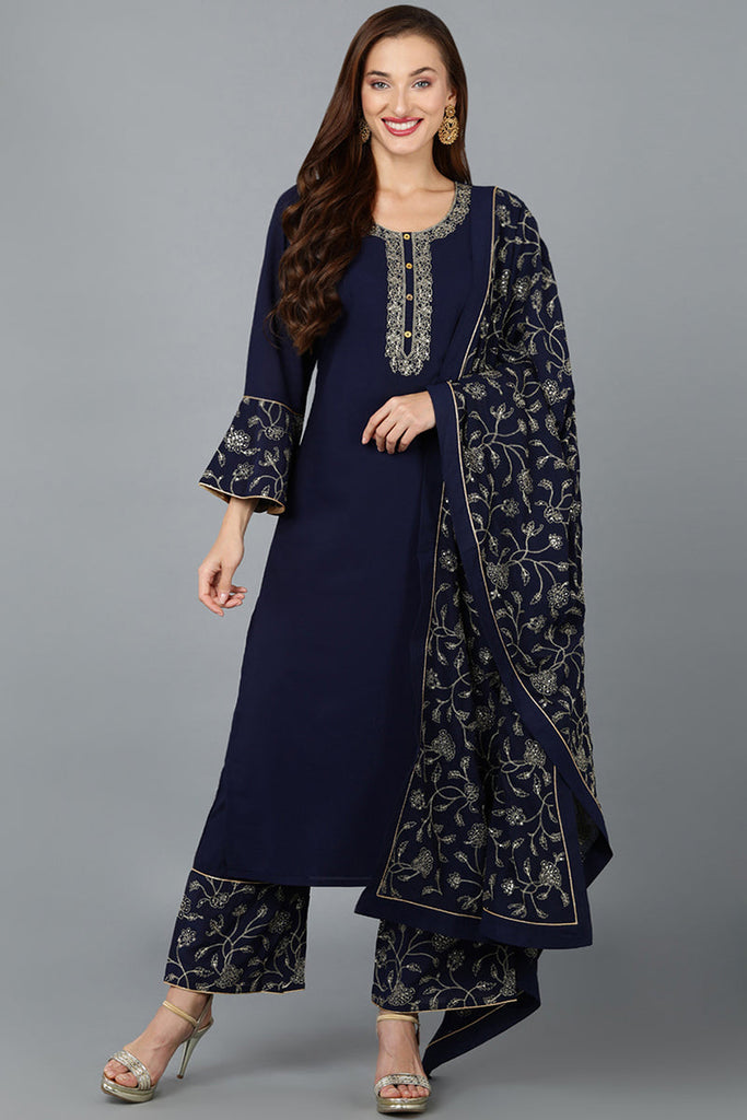 Navy Blue Poly Georgette Straight Kurta Palazzo With Dupatta PKSKD1877