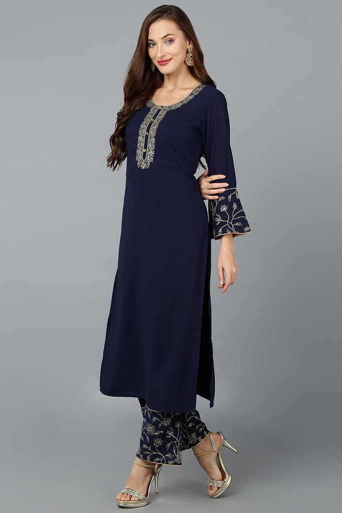 Navy Blue Poly Georgette Straight Kurta Palazzo With Dupatta PKSKD1877