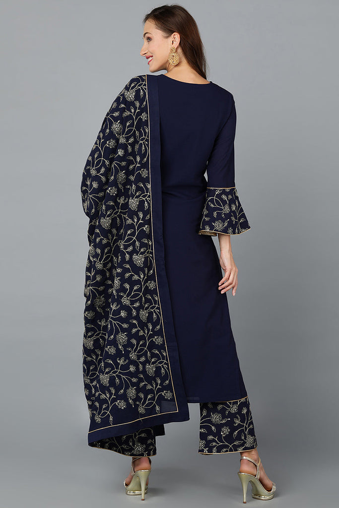 Navy Blue Poly Georgette Straight Kurta Palazzo With Dupatta PKSKD1877