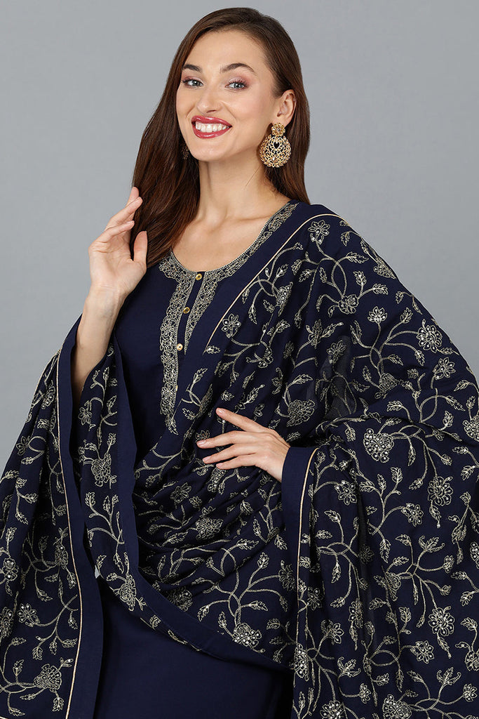 Navy Blue Poly Georgette Straight Kurta Palazzo With Dupatta PKSKD1877