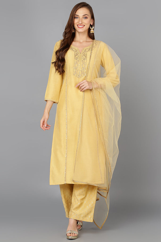 Flaxen Yellow Silk Blend Embroidered Festive wear Suit Set PKSKD1878