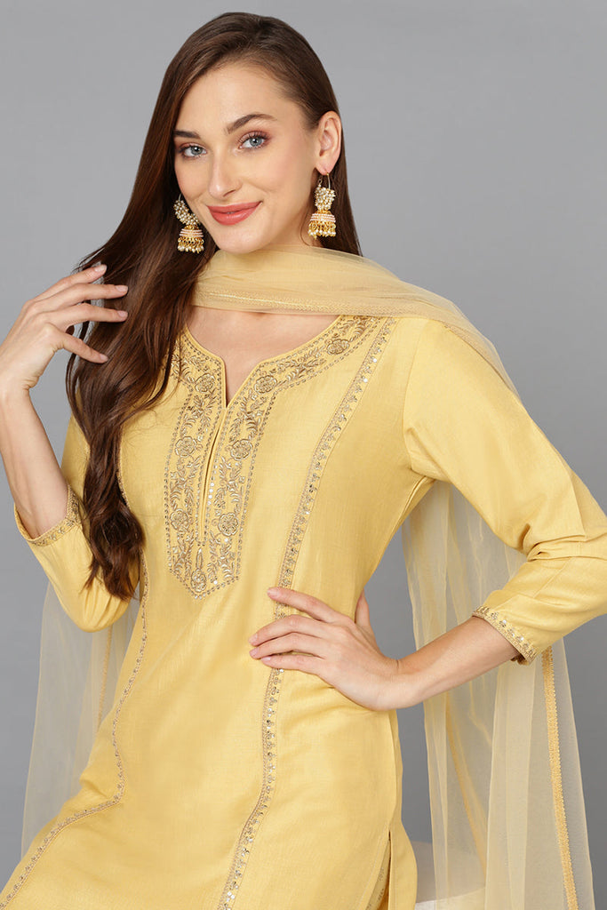 Flaxen Yellow Silk Blend Embroidered Festive wear Suit Set PKSKD1878