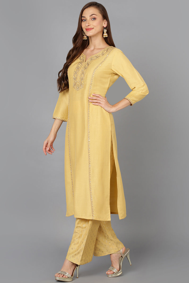 Flaxen Yellow Silk Blend Embroidered Festive wear Suit Set PKSKD1878