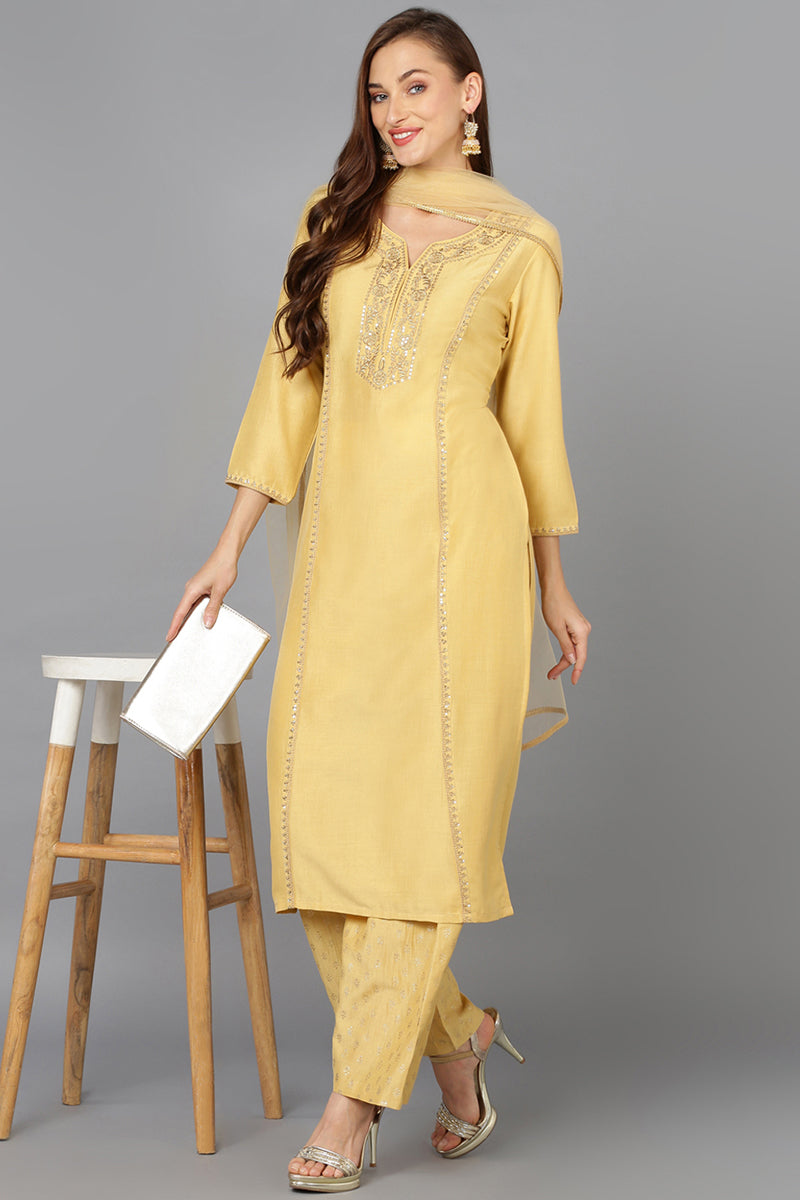 Flaxen Yellow Silk Blend Embroidered Festive wear Suit Set PKSKD1878