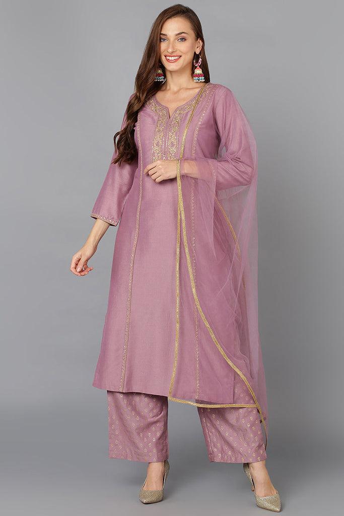 Lilac Silk Blend Embroidered Festive wear Suit Set PKSKD1879