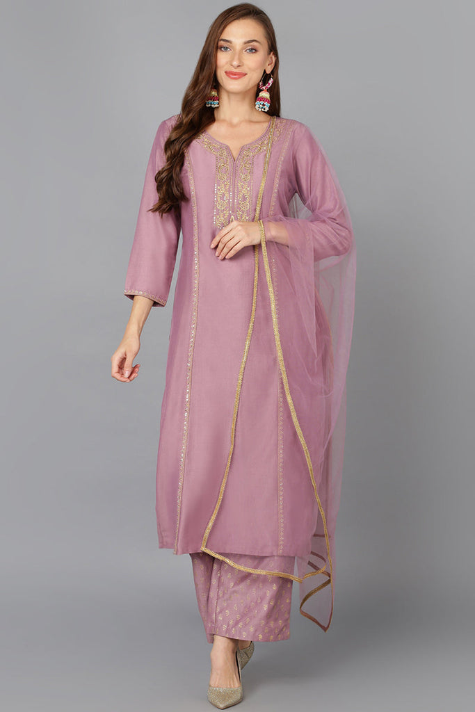 Lilac Silk Blend Embroidered Festive wear Suit Set PKSKD1879