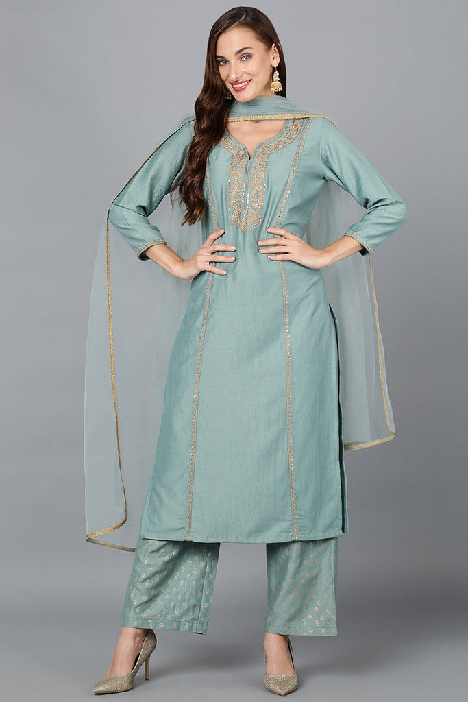 Green Silk Blend Straight Kurta Palazzo With Dupatta PKSKD1883