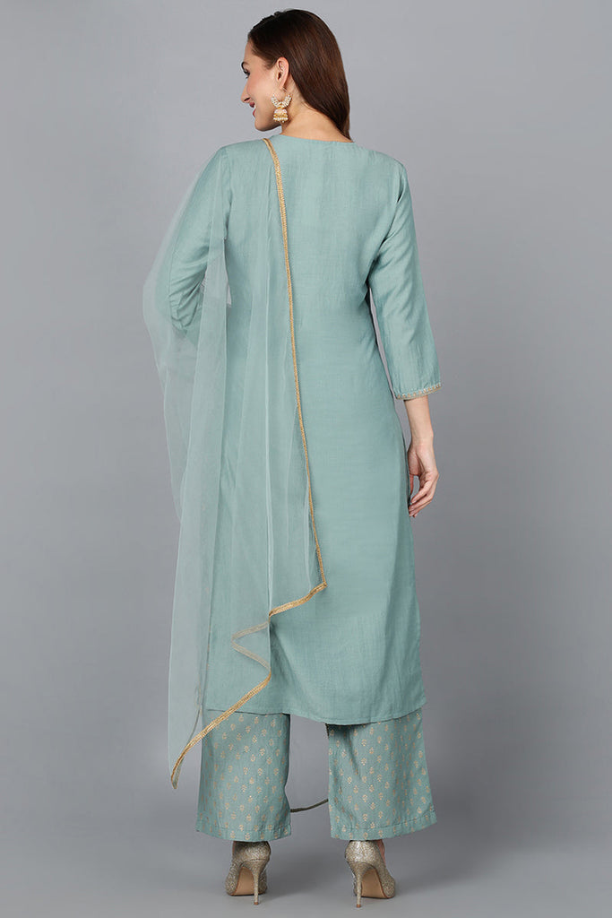 Green Silk Blend Straight Kurta Palazzo With Dupatta PKSKD1883