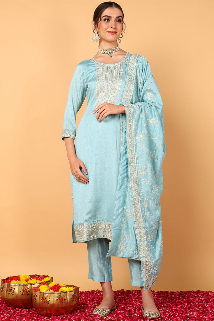 Blue Silk Blend Straight Kurta Pant With Dupatta PKSKD1888