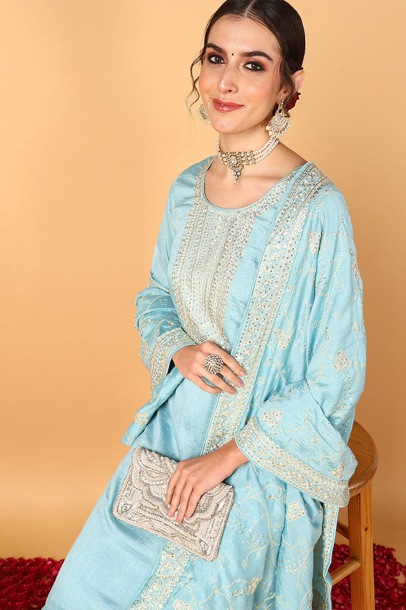 Blue Silk Blend Straight Kurta Pant With Dupatta PKSKD1888