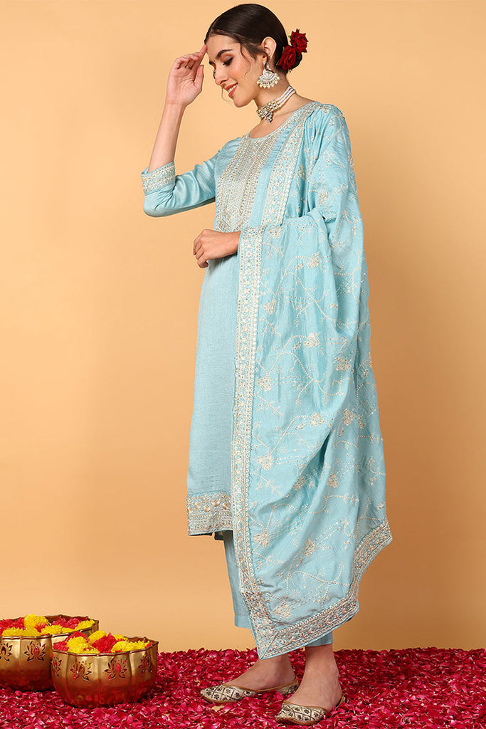 Blue Silk Blend Straight Kurta Pant With Dupatta PKSKD1888