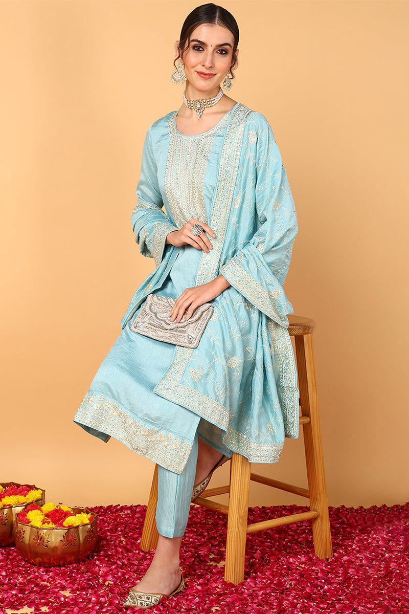 Blue Silk Blend Straight Kurta Pant With Dupatta PKSKD1888