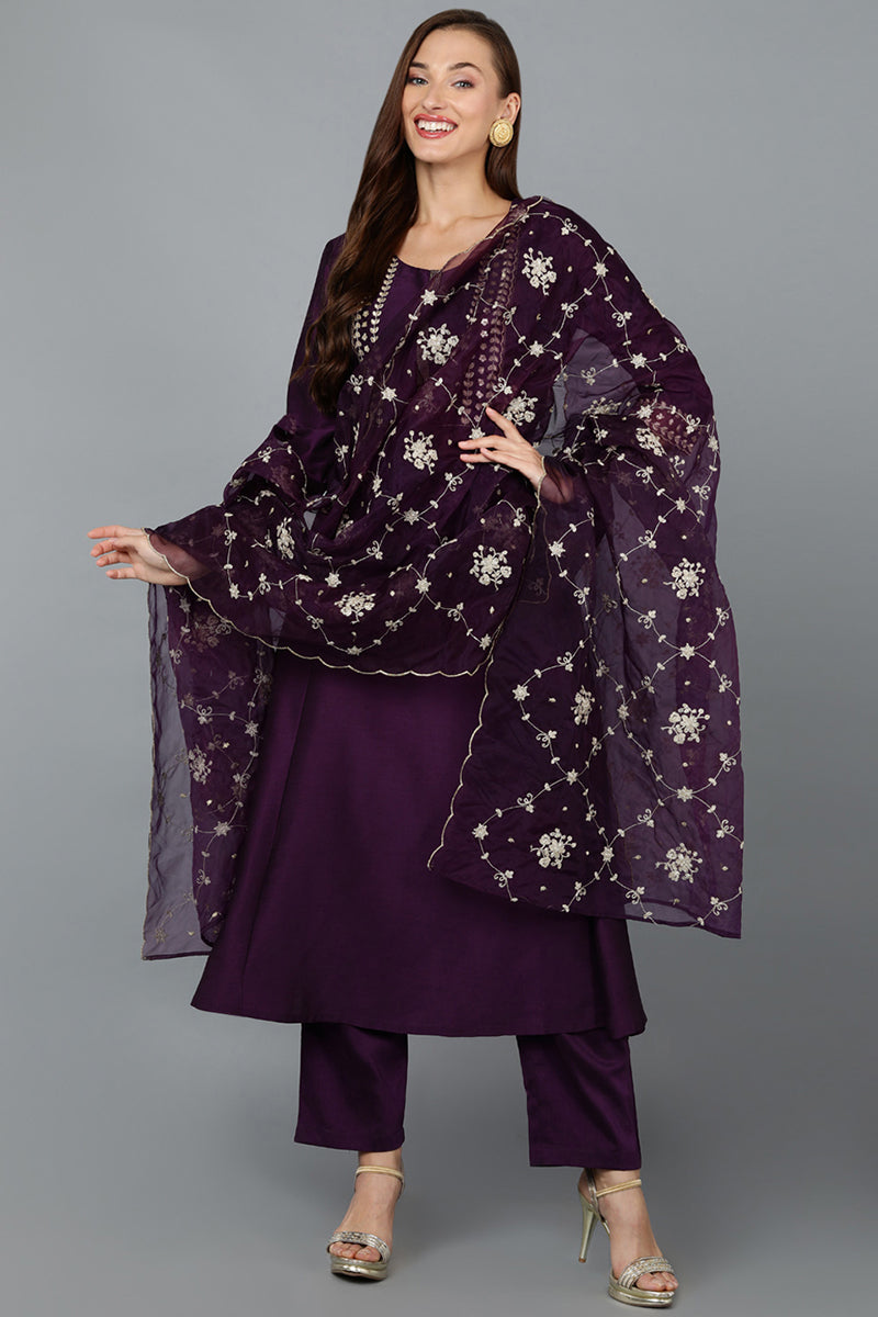 Purple Silk Blend Straight Kurta Pant With Dupatta PKSKD1891