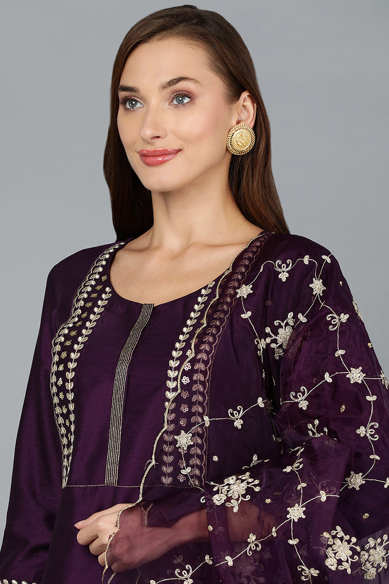 Purple Silk Blend Straight Kurta Pant With Dupatta PKSKD1891