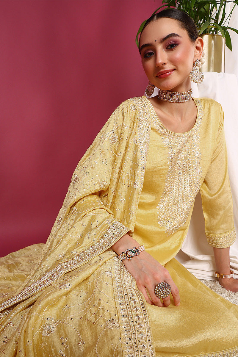 Yellow Silk Blend Straight Kurta Pant With Dupatta PKSKD1896