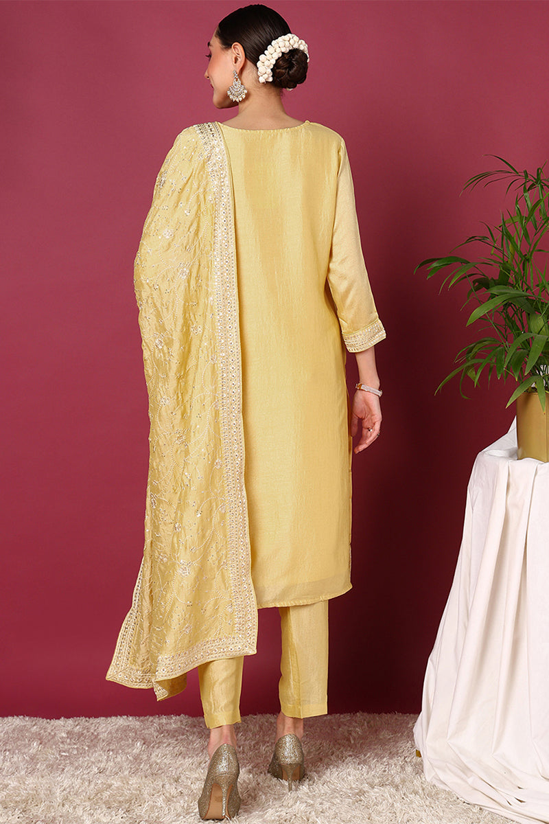 Yellow Silk Blend Straight Kurta Pant With Dupatta PKSKD1896