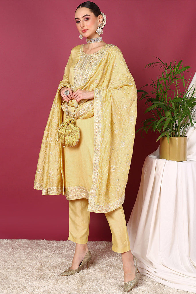 Yellow Silk Blend Straight Kurta Pant With Dupatta PKSKD1896