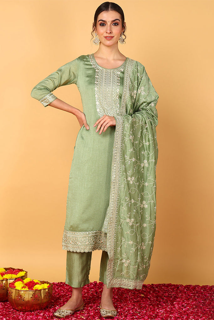 Green Silk Blend Ethnic Motifs Straight Suit Set PKSKD1897