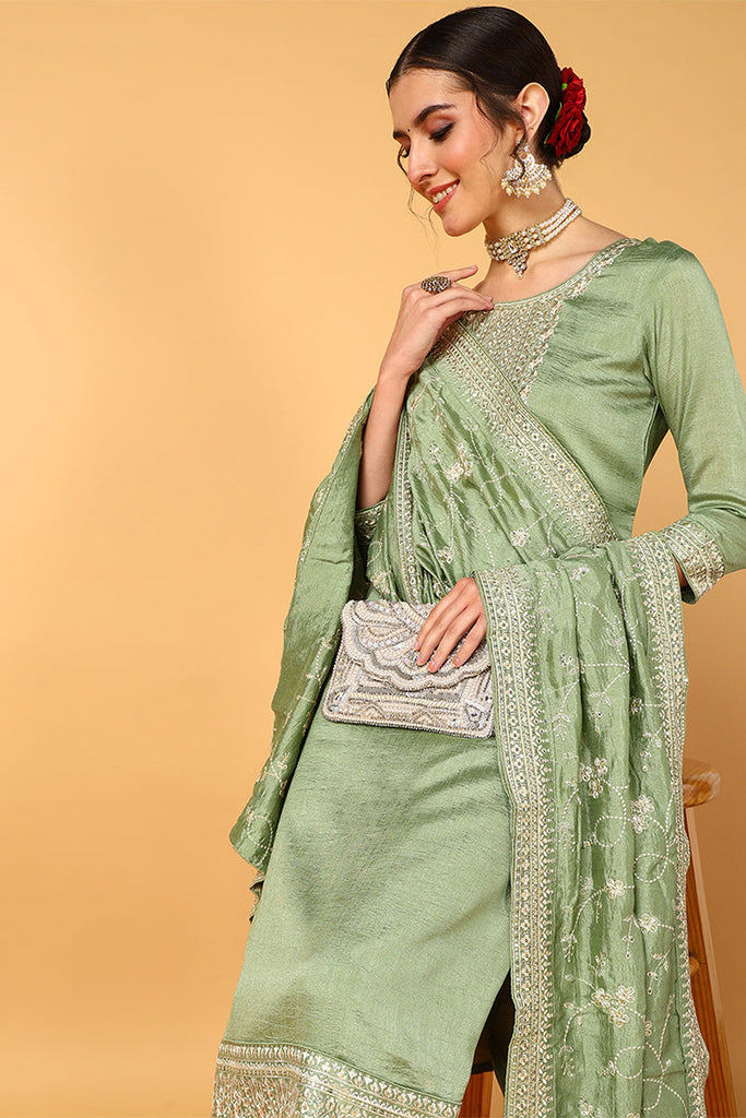 Green Silk Blend Ethnic Motifs Straight Suit Set PKSKD1897