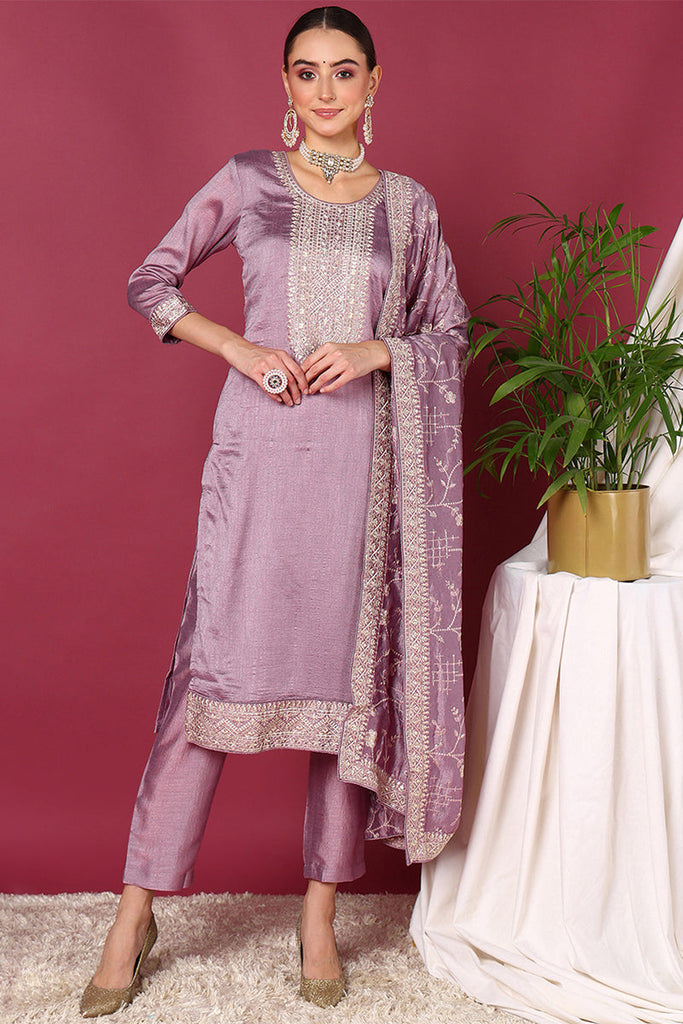 Lavender Silk Blend Straight Kurta Pant With Dupatta PKSKD1898