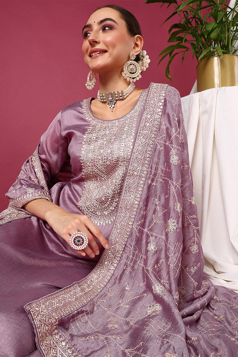 Lavender Silk Blend Straight Kurta Pant With Dupatta PKSKD1898