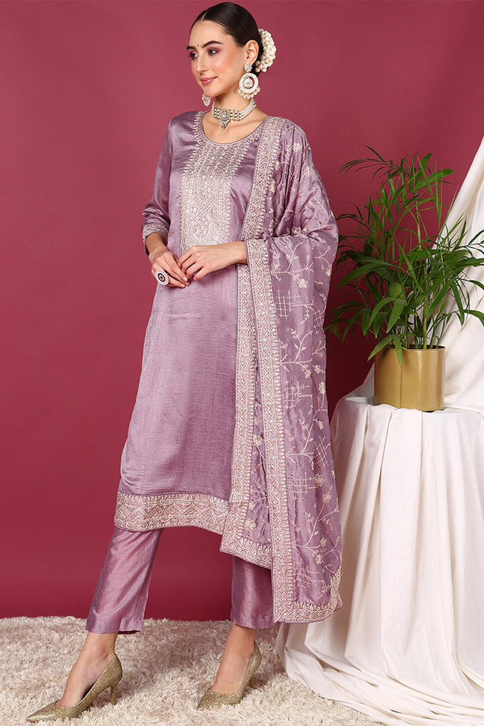 Lavender Silk Blend Straight Kurta Pant With Dupatta PKSKD1898