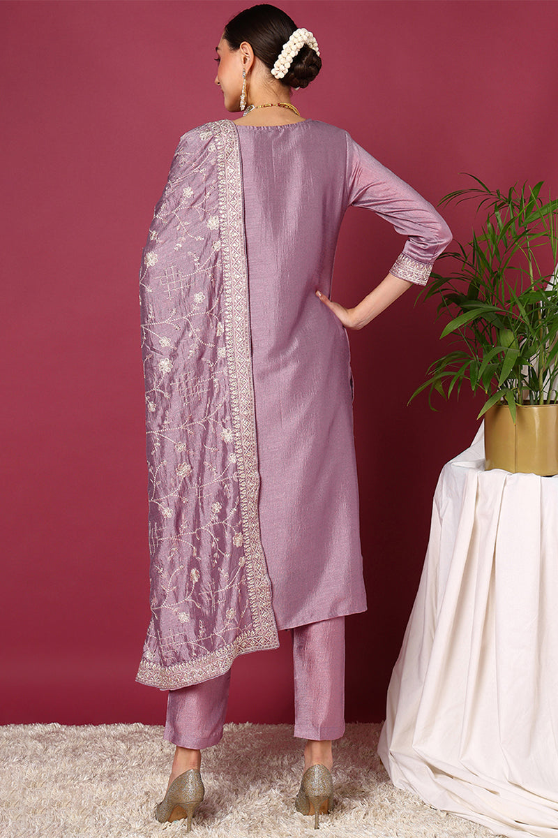 Lavender Silk Blend Straight Kurta Pant With Dupatta PKSKD1898