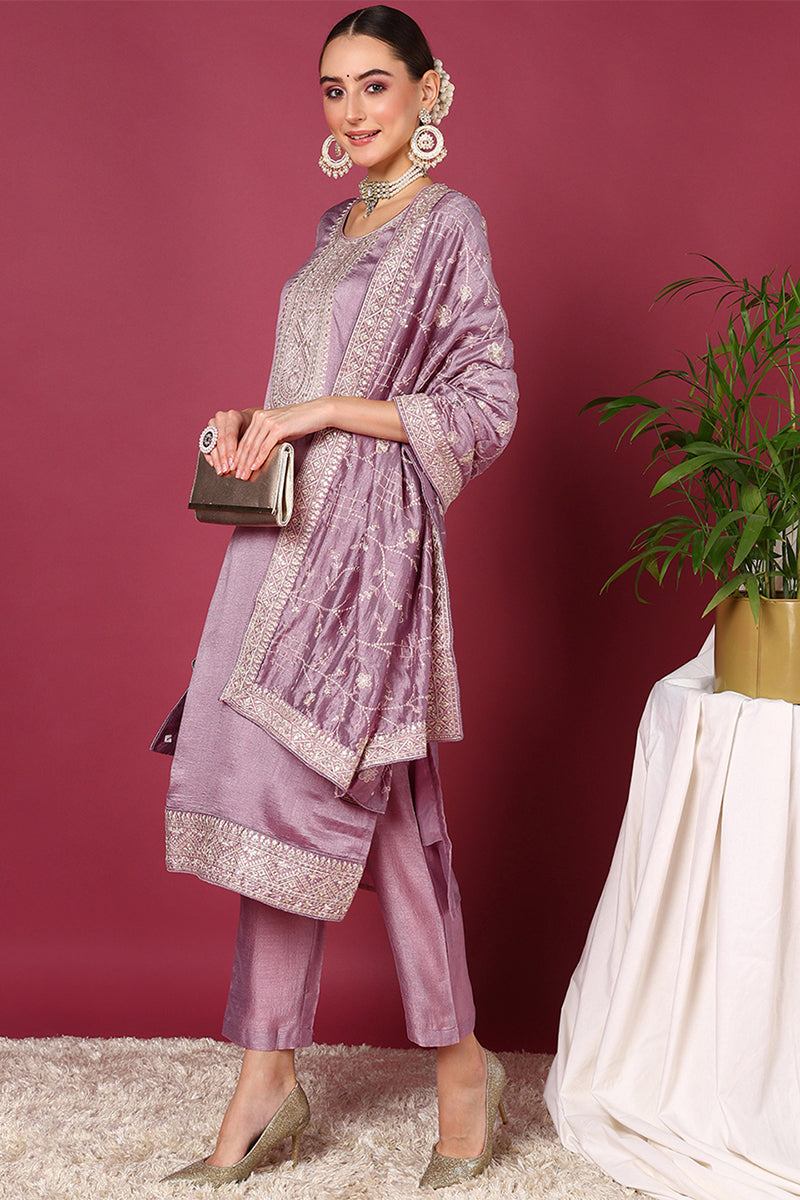 Lavender Silk Blend Straight Kurta Pant With Dupatta PKSKD1898