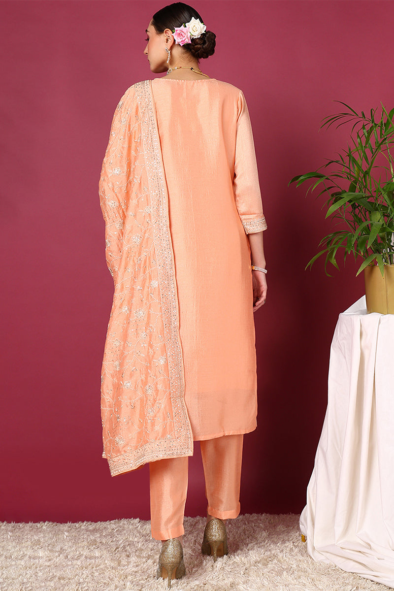 Peach Silk Blend Straight Kurta Pant With Dupatta PKSKD1899