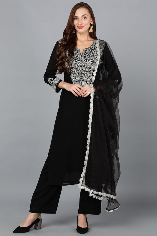 Black Silk Blend Straight Kurta Pant With Dupatta PKSKD1900