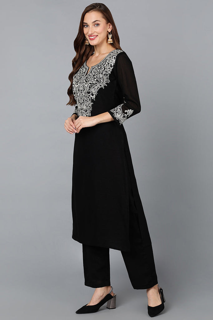 Black Silk Blend Straight Kurta Pant With Dupatta PKSKD1900