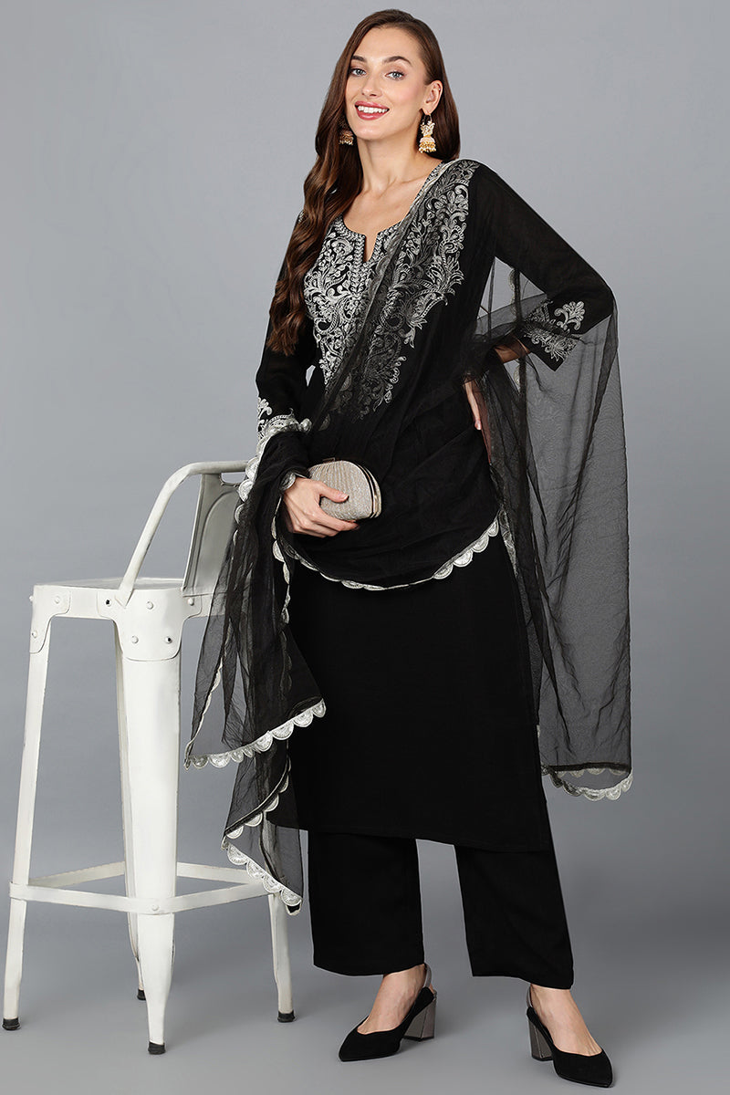 Black Silk Blend Straight Kurta Pant With Dupatta PKSKD1900