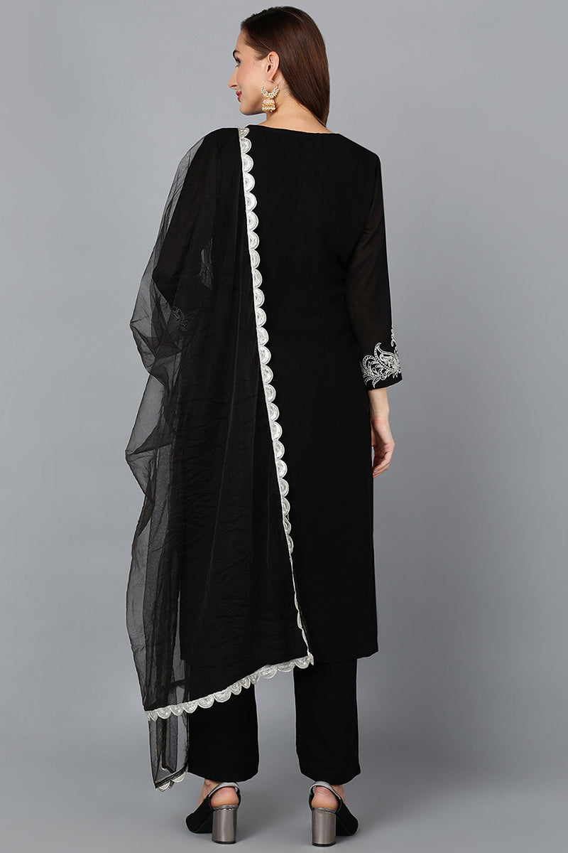 Black Silk Blend Straight Kurta Pant With Dupatta PKSKD1900