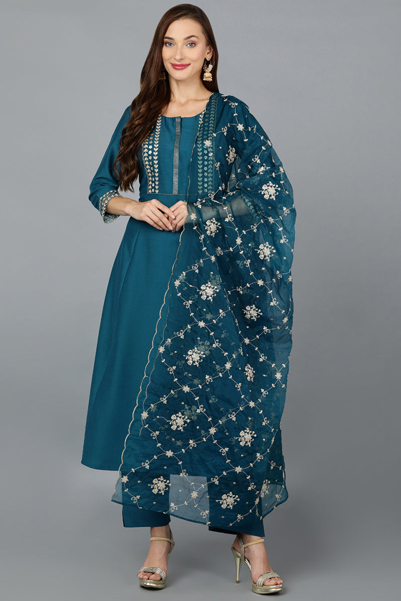 Turquoise Blue Silk Blend Straight Kurta Pant With Dupatta PKSKD1901