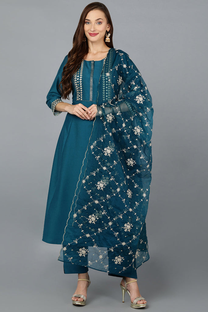 Turquoise Blue Silk Blend Straight Kurta Pant With Dupatta PKSKD1901