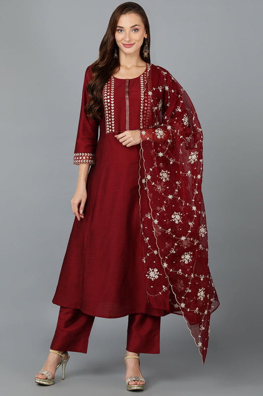 Maroon Silk Blend Straight Kurta Pant With Dupatta PKSKD1902