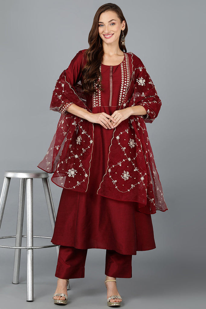 Maroon Silk Blend Straight Kurta Pant With Dupatta PKSKD1902