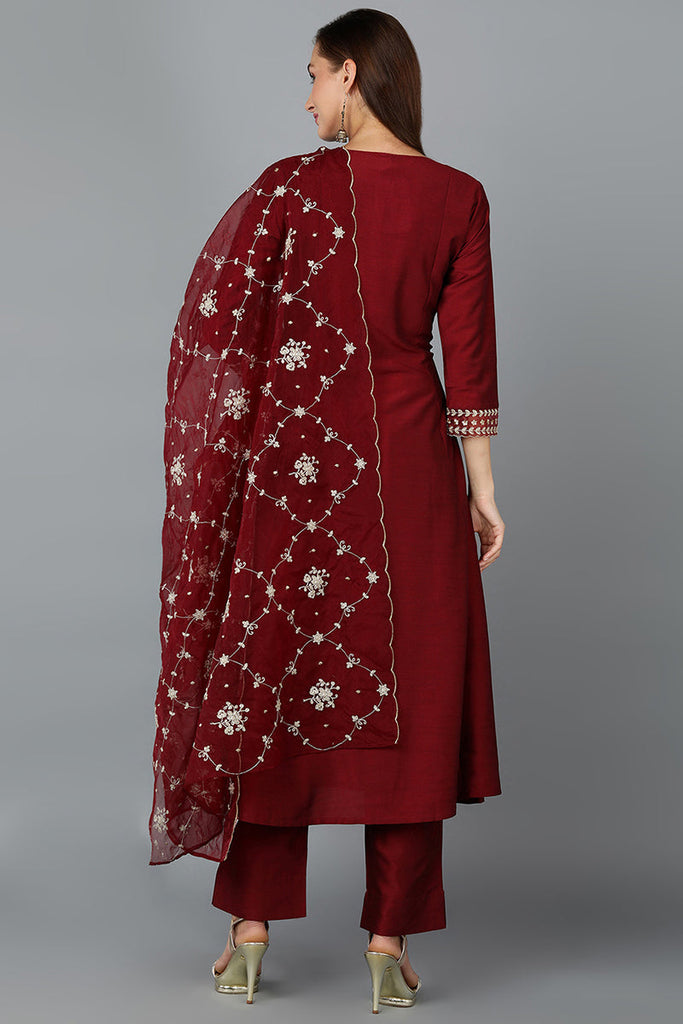 Maroon Silk Blend Straight Kurta Pant With Dupatta PKSKD1902