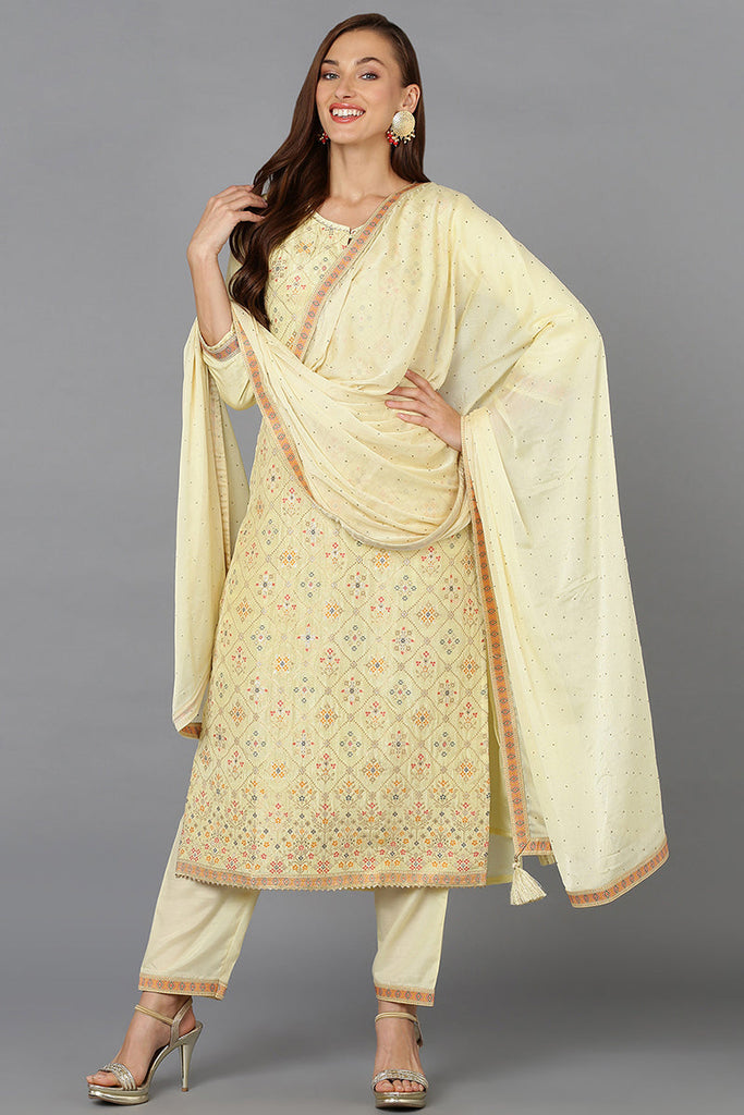 Yellow Silk Blend Ethnic Motifs Straight Suit Set PKSKD1904