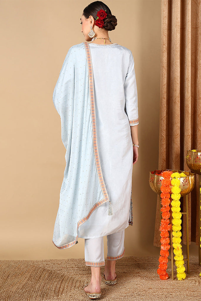 Blue Silk Blend Straight Woven Design Kurta Pant With Dupatta PKSKD1907