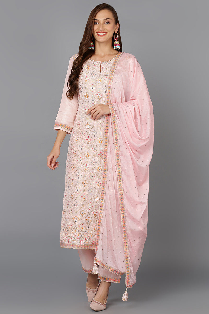 Pink Silk Blend Ethnic Motifs Straight Suit Set PKSKD1908